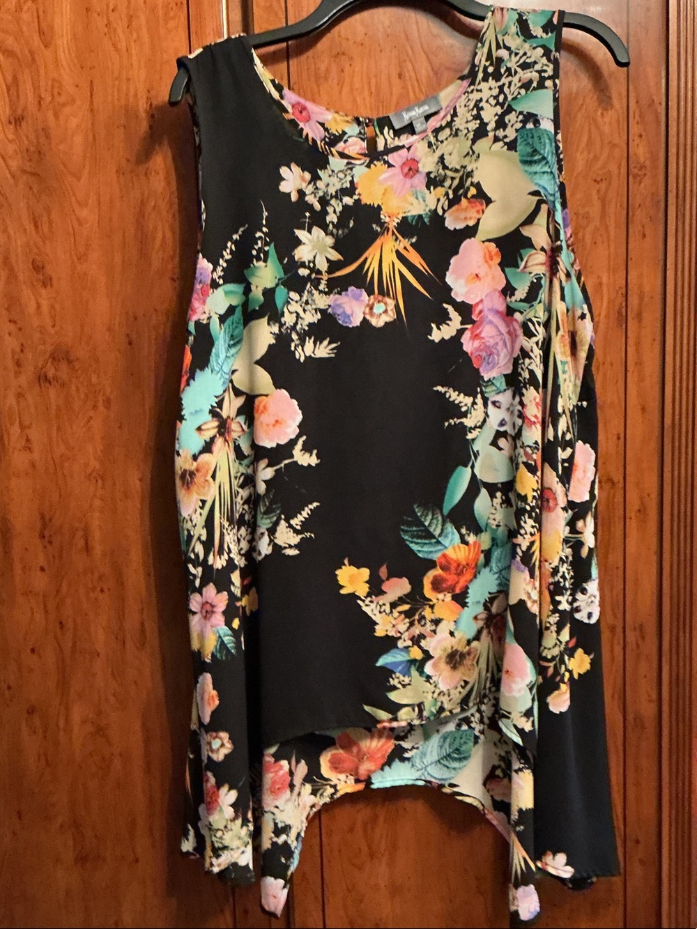 Neiman Marcus Black Floral Asymmetrical top with Multicolor Blooms